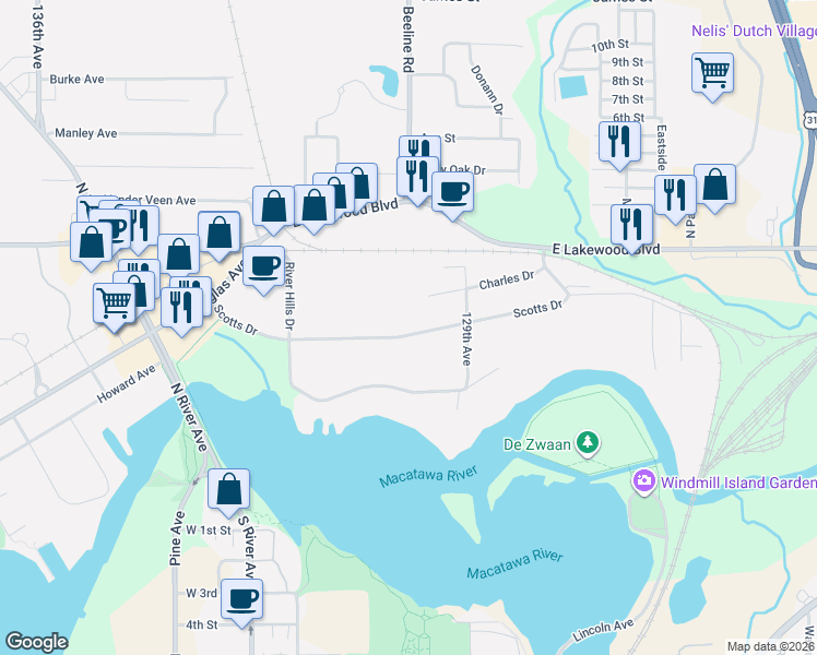 map of restaurants, bars, coffee shops, grocery stores, and more near 129 Scotts Drive in Holland