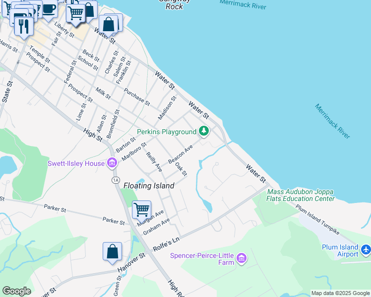 map of restaurants, bars, coffee shops, grocery stores, and more near 20 Pine Street in Newburyport