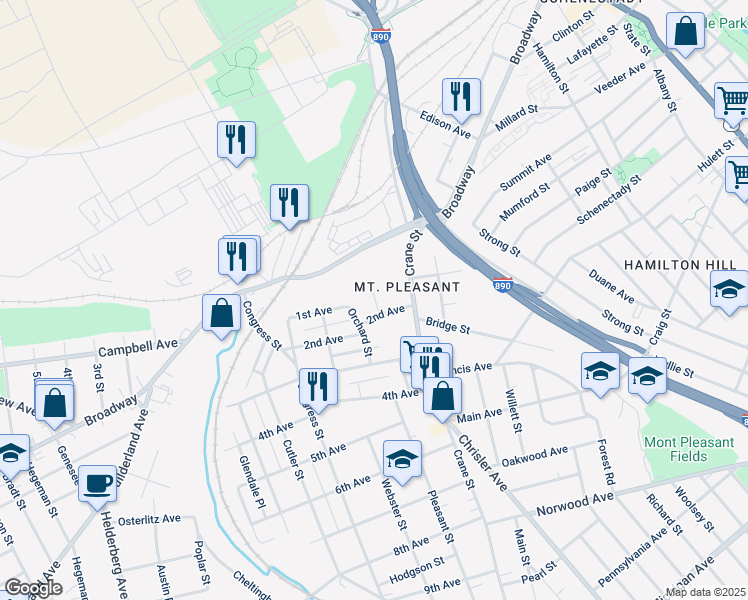 map of restaurants, bars, coffee shops, grocery stores, and more near 1034 2nd Avenue in Schenectady