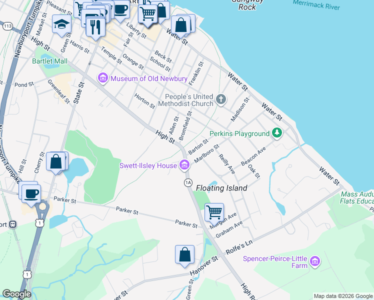 map of restaurants, bars, coffee shops, grocery stores, and more near 34 High Street in Newburyport
