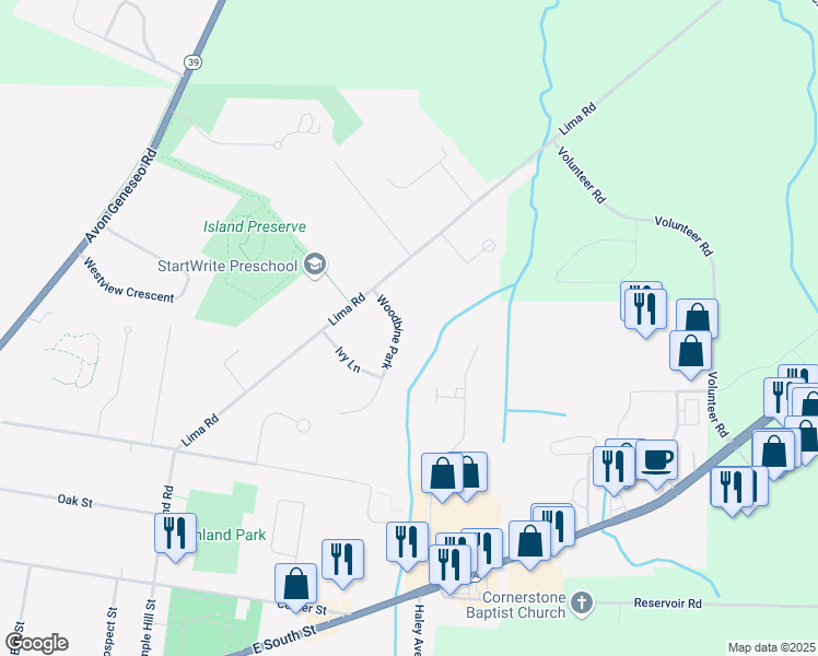 map of restaurants, bars, coffee shops, grocery stores, and more near 11 Woodbine Park in Geneseo