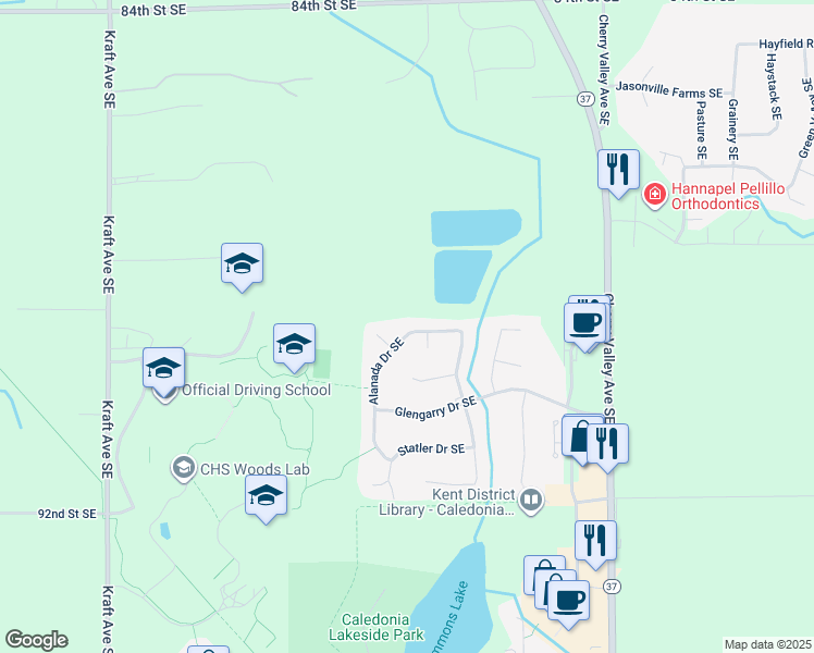 map of restaurants, bars, coffee shops, grocery stores, and more near 8919 Alanada Drive Southeast in Caledonia