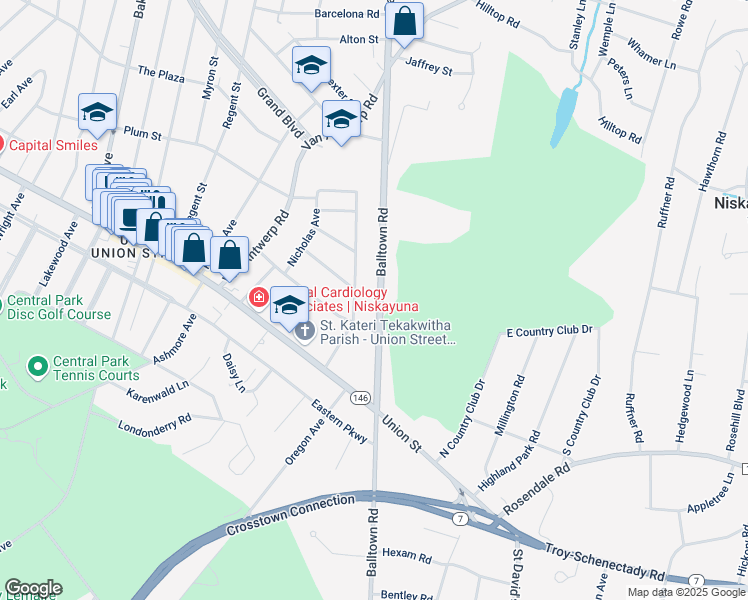 map of restaurants, bars, coffee shops, grocery stores, and more near 1041 Balltown Road in Niskayuna