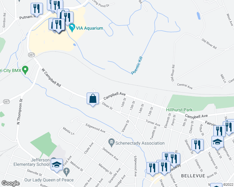 map of restaurants, bars, coffee shops, grocery stores, and more near 2828 Campbell Avenue in Schenectady