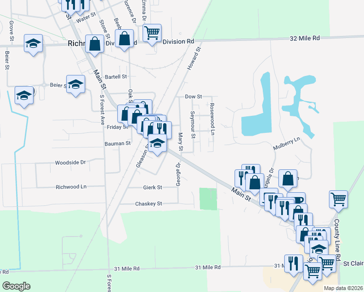 map of restaurants, bars, coffee shops, grocery stores, and more near 68051 Mary Street in Richmond