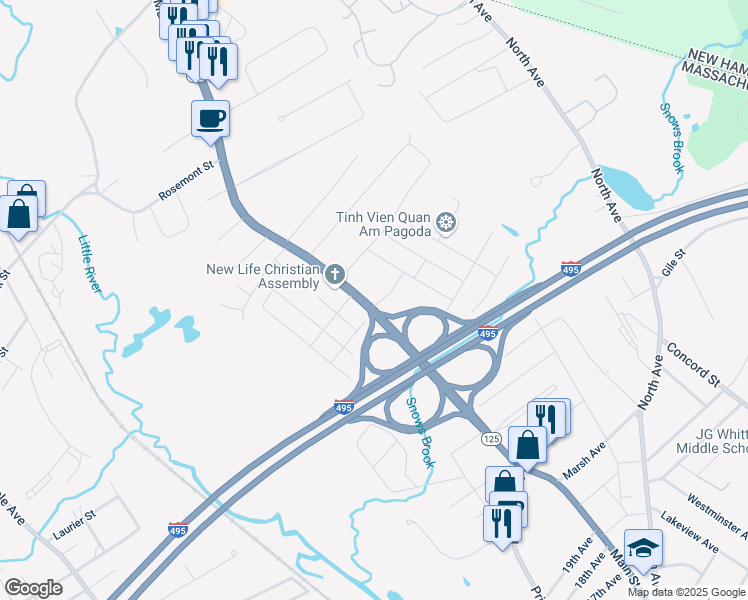 map of restaurants, bars, coffee shops, grocery stores, and more near 2 Northwood Terrace in Haverhill