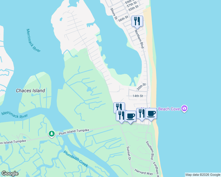 map of restaurants, bars, coffee shops, grocery stores, and more near 40 Old Point Road in Newbury