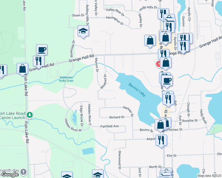 map of restaurants, bars, coffee shops, grocery stores, and more near 746 Marion Dr in Holly