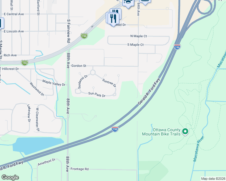 map of restaurants, bars, coffee shops, grocery stores, and more near 1887 Sun Park Drive in Zeeland