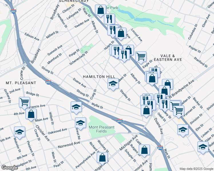 map of restaurants, bars, coffee shops, grocery stores, and more near 1042 Delamont Avenue in Schenectady