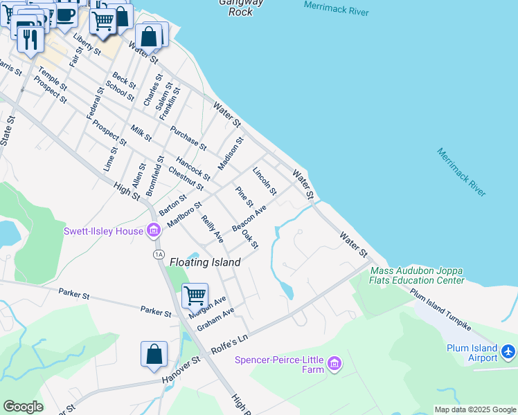 map of restaurants, bars, coffee shops, grocery stores, and more near 20 Pine Street in Newburyport
