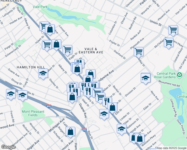 map of restaurants, bars, coffee shops, grocery stores, and more near 57 North Brandywine Avenue in Schenectady