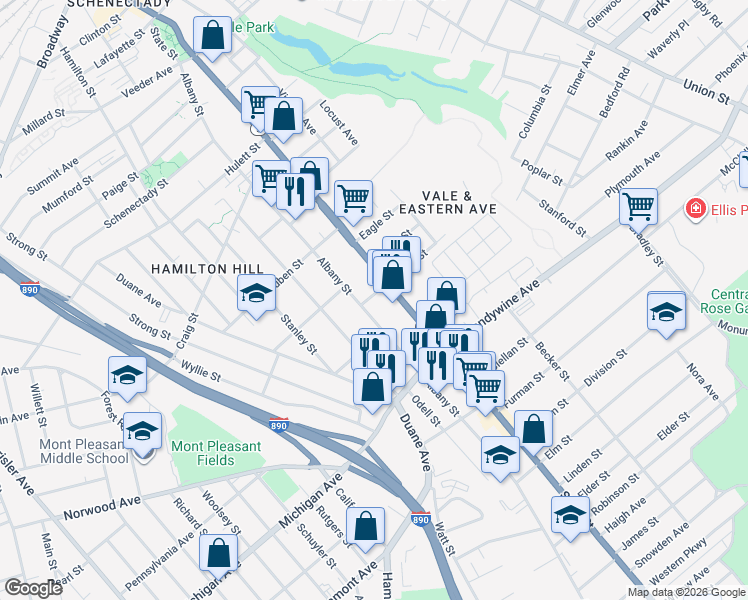 map of restaurants, bars, coffee shops, grocery stores, and more near 973 Albany Street in Schenectady