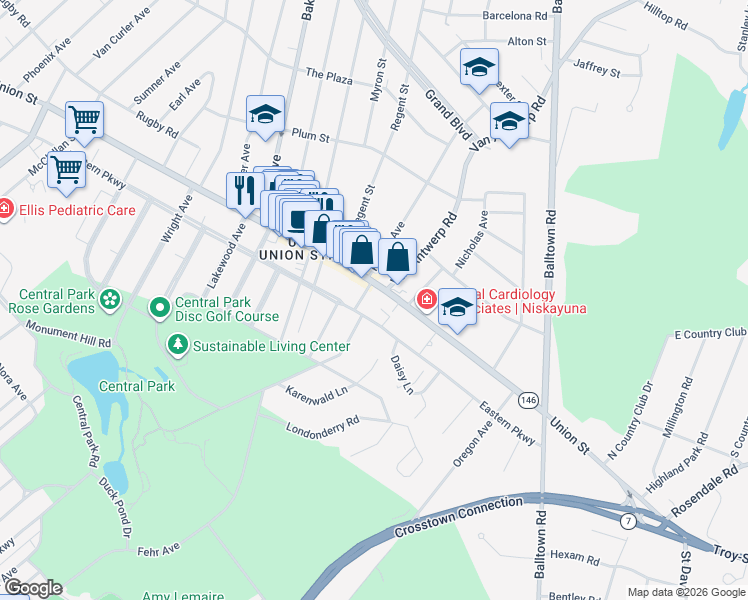 map of restaurants, bars, coffee shops, grocery stores, and more near 1746 Union Street in Schenectady County