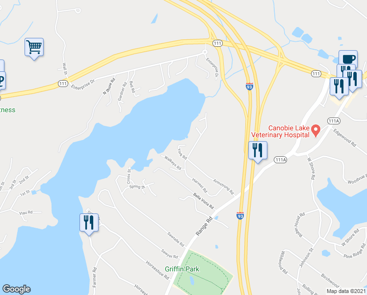 map of restaurants, bars, coffee shops, grocery stores, and more near 8 York Road in Windham