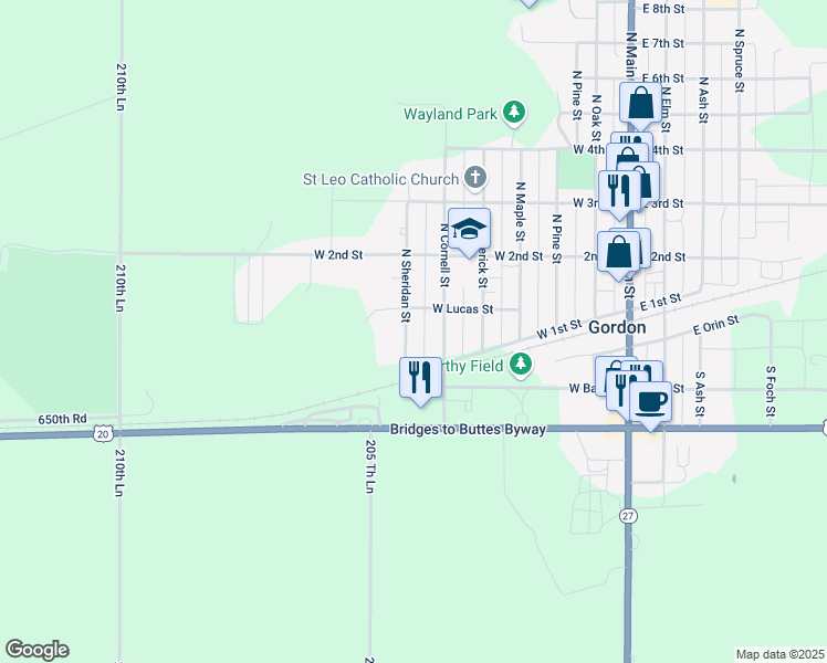 map of restaurants, bars, coffee shops, grocery stores, and more near 125 North Sheridan Street in Gordon