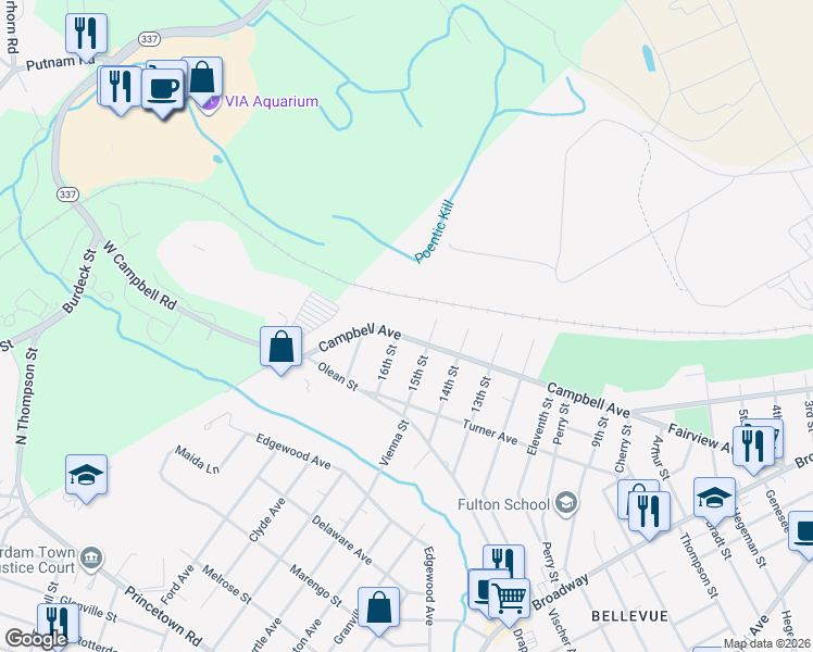 map of restaurants, bars, coffee shops, grocery stores, and more near 2777 Campbell Avenue in Schenectady