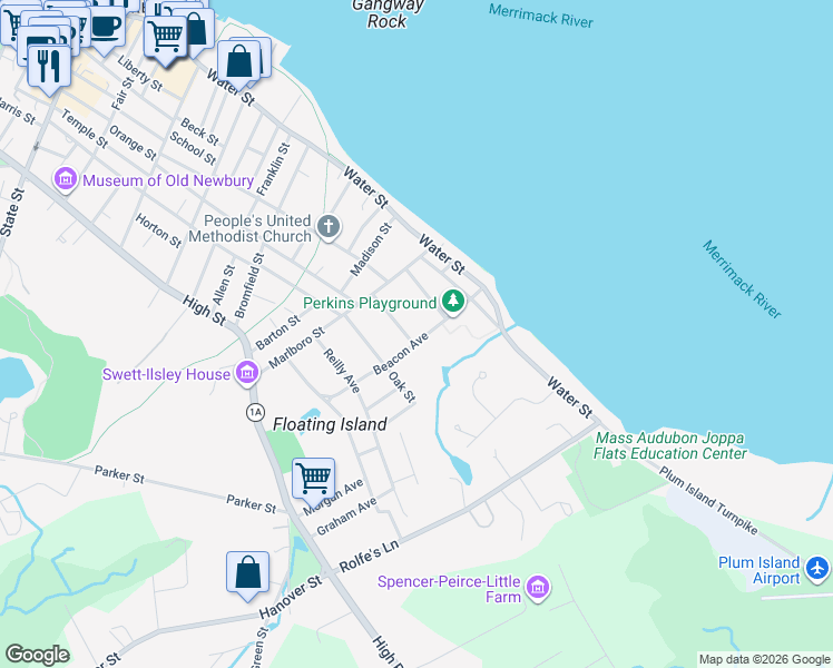map of restaurants, bars, coffee shops, grocery stores, and more near 20 Beacon Avenue in Newburyport
