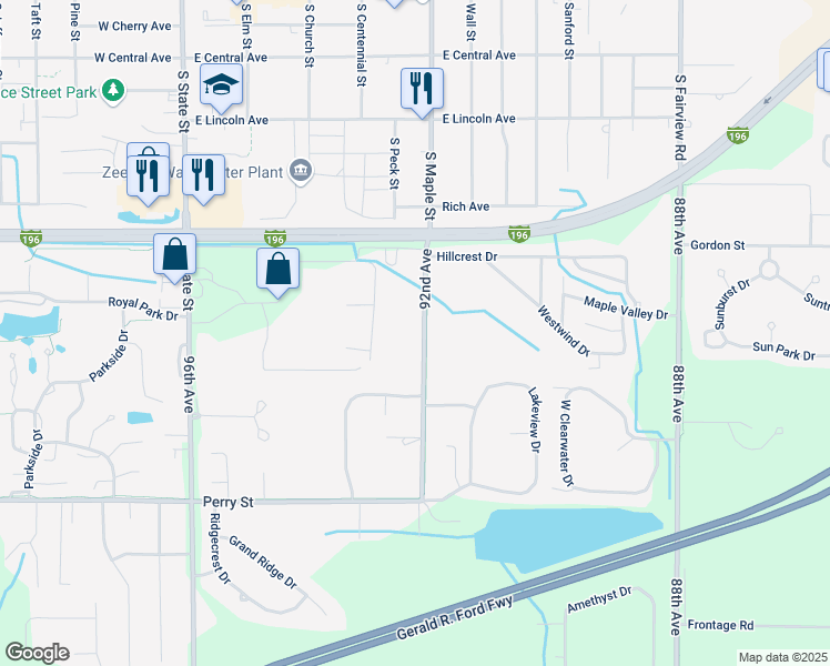 map of restaurants, bars, coffee shops, grocery stores, and more near 1891 92nd Avenue in Zeeland
