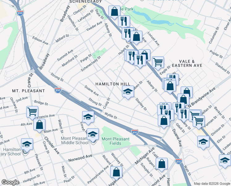 map of restaurants, bars, coffee shops, grocery stores, and more near 1042 Delamont Avenue in Schenectady
