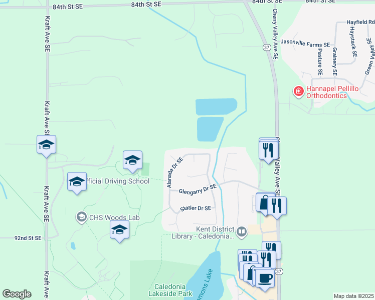 map of restaurants, bars, coffee shops, grocery stores, and more near 8919 Alanada Drive Southeast in Caledonia