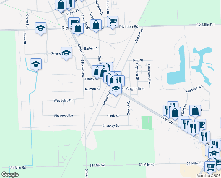 map of restaurants, bars, coffee shops, grocery stores, and more near 67919 Gleason Street in Richmond