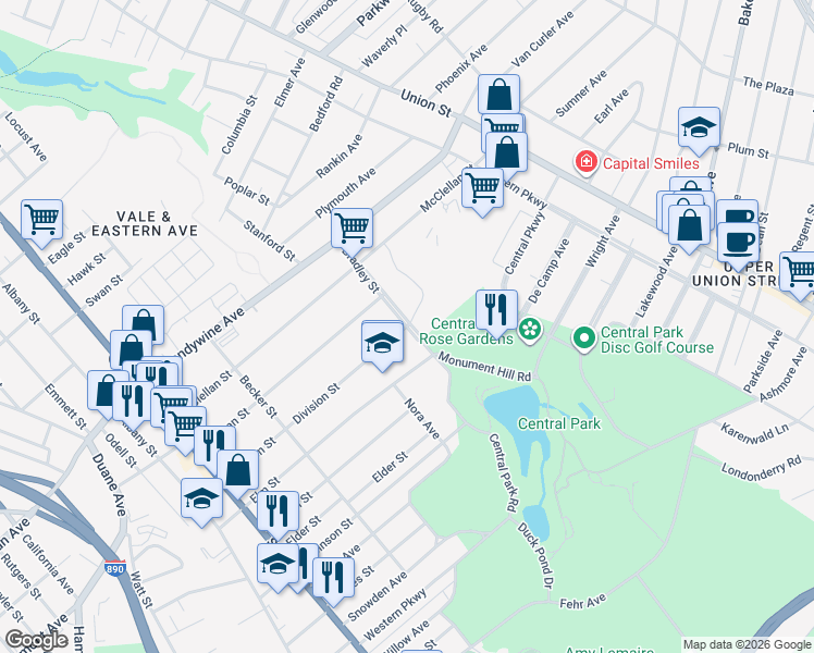 map of restaurants, bars, coffee shops, grocery stores, and more near Bradley Street & Division Street in Schenectady
