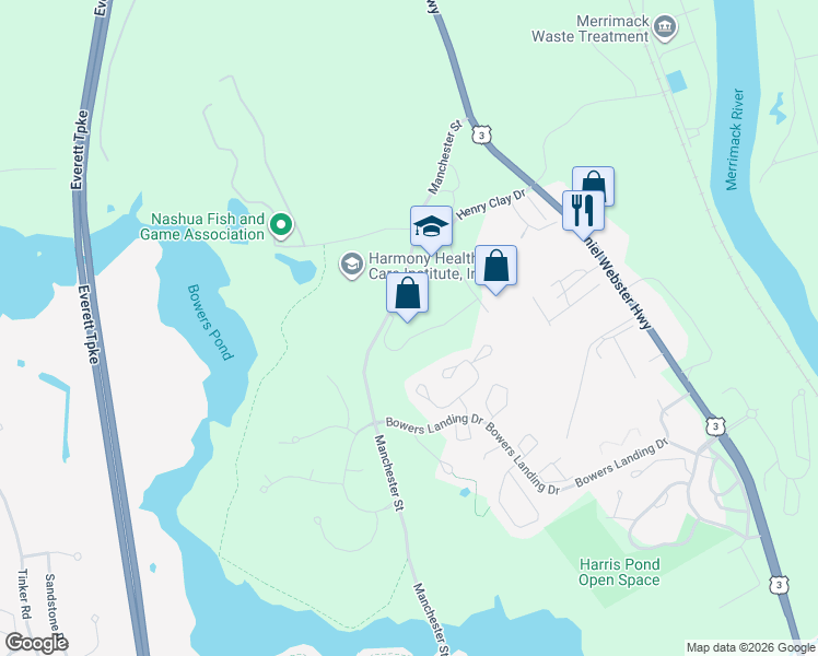 map of restaurants, bars, coffee shops, grocery stores, and more near 1 Innovation Way in Merrimack