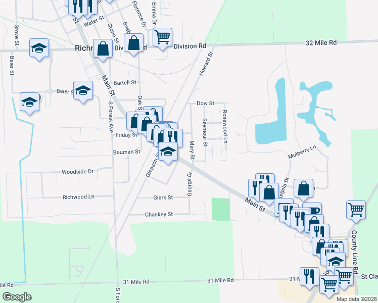 map of restaurants, bars, coffee shops, grocery stores, and more near 68051 Mary Street in Richmond