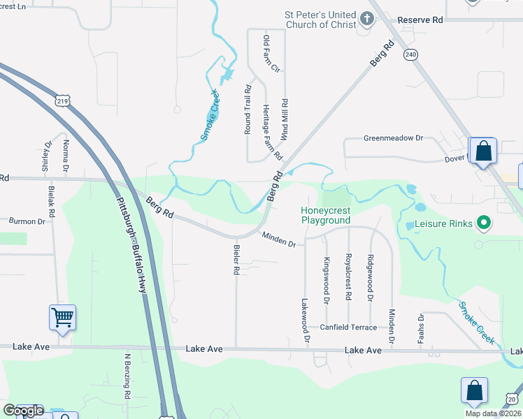 map of restaurants, bars, coffee shops, grocery stores, and more near 5866 Berg Road in Buffalo
