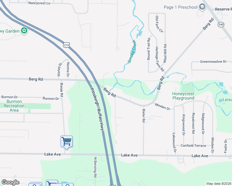 map of restaurants, bars, coffee shops, grocery stores, and more near 5720 Berg Road in Buffalo