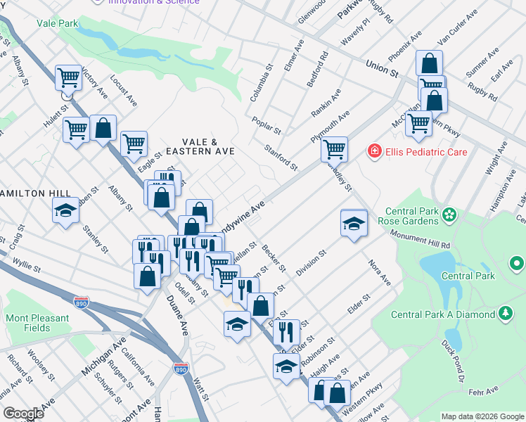 map of restaurants, bars, coffee shops, grocery stores, and more near 135 Mc Clellan Street in Schenectady