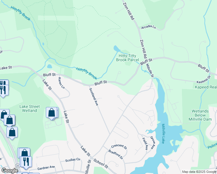 map of restaurants, bars, coffee shops, grocery stores, and more near 129 Bluff Street in Salem