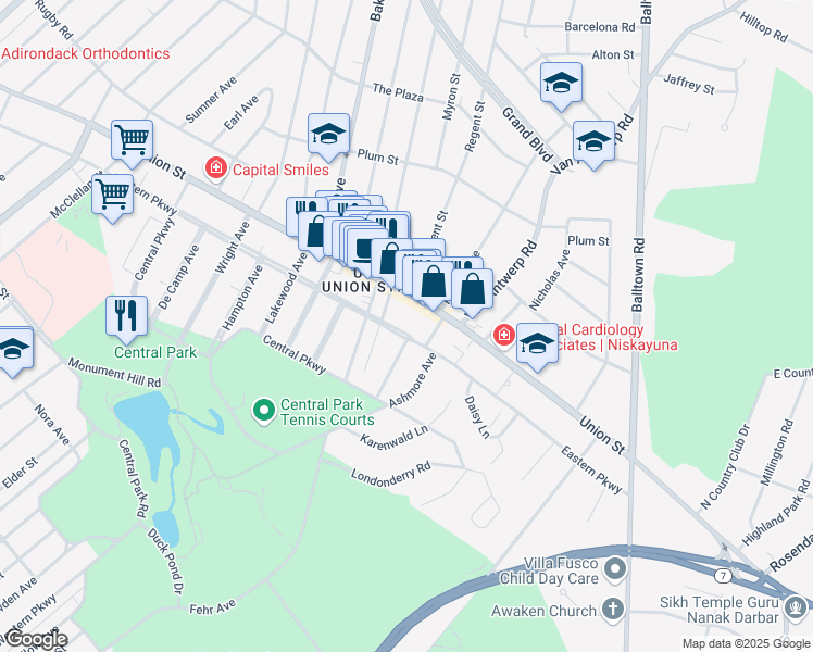 map of restaurants, bars, coffee shops, grocery stores, and more near 2124 Eastern Parkway in Schenectady