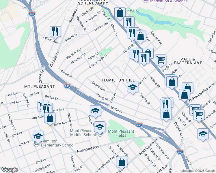 map of restaurants, bars, coffee shops, grocery stores, and more near 143 Duane Avenue in Schenectady