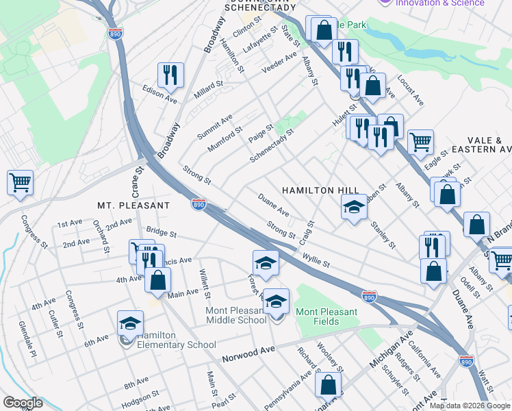 map of restaurants, bars, coffee shops, grocery stores, and more near 835 Strong Street in Schenectady