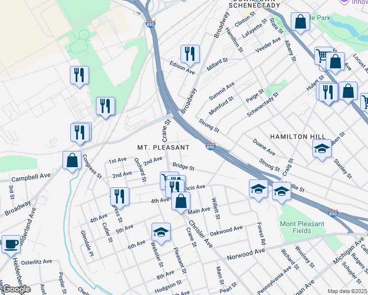 map of restaurants, bars, coffee shops, grocery stores, and more near 633 Lansing Street in Schenectady