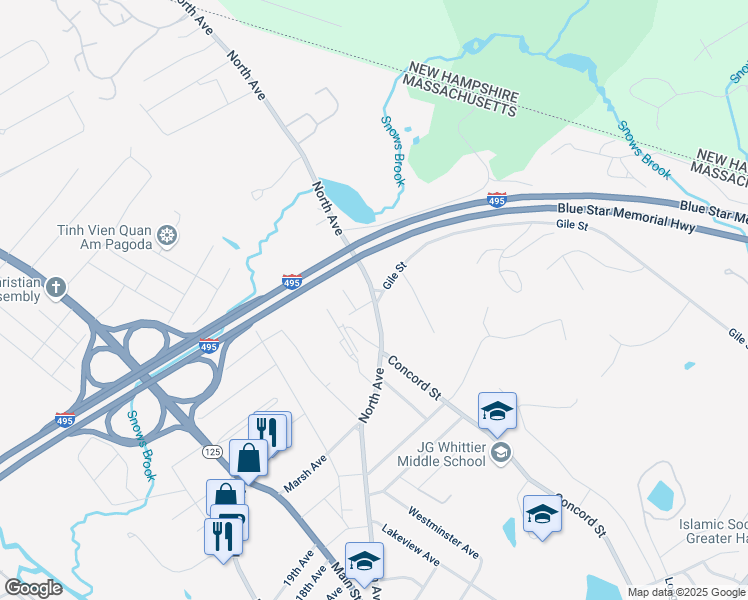 map of restaurants, bars, coffee shops, grocery stores, and more near 258 North Avenue in Haverhill