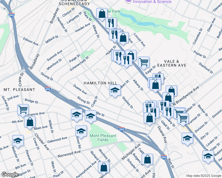map of restaurants, bars, coffee shops, grocery stores, and more near 1042 Delamont Avenue in Schenectady