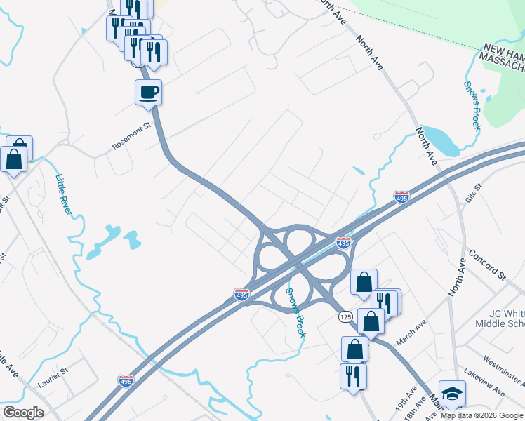 map of restaurants, bars, coffee shops, grocery stores, and more near 2 Northwood Terrace in Haverhill