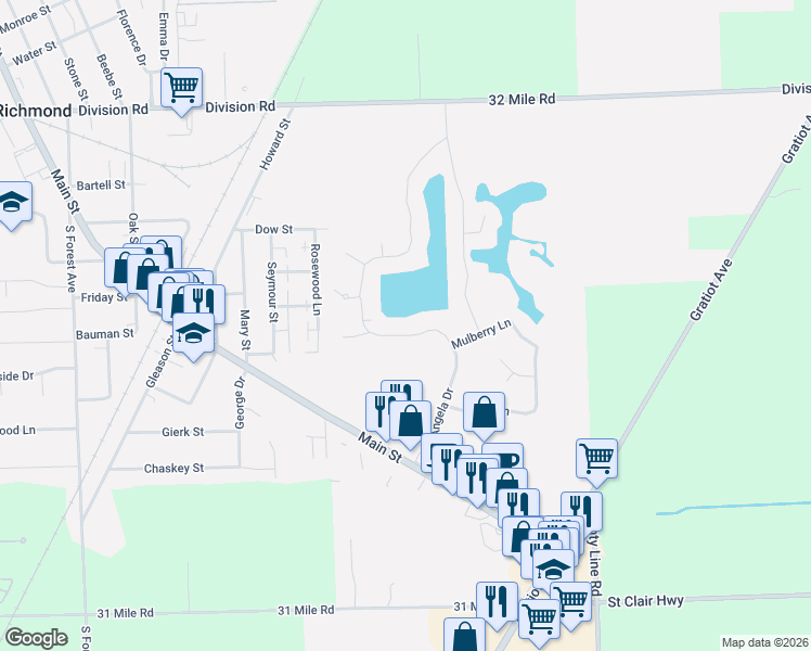 map of restaurants, bars, coffee shops, grocery stores, and more near 68186 Lake Angela Drive in Richmond