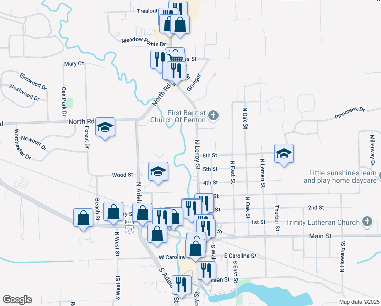 map of restaurants, bars, coffee shops, grocery stores, and more near 715 North Leroy Street in Fenton