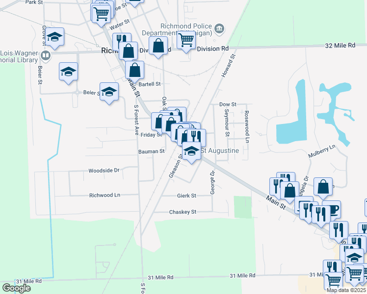 map of restaurants, bars, coffee shops, grocery stores, and more near 67919 Gleason Street in Richmond