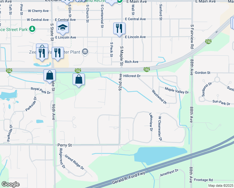 map of restaurants, bars, coffee shops, grocery stores, and more near 1891 92nd Avenue in Zeeland