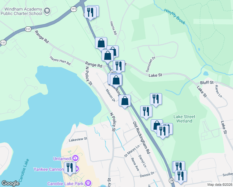 map of restaurants, bars, coffee shops, grocery stores, and more near 6 Mason Drive in Salem