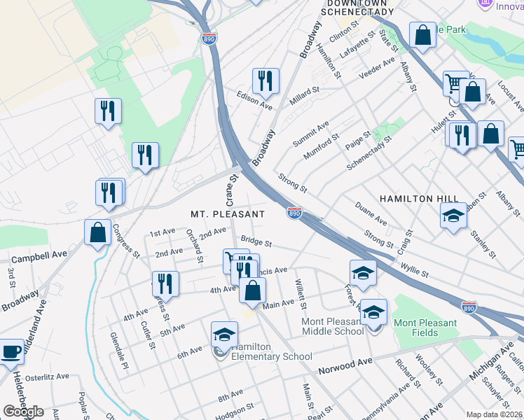 map of restaurants, bars, coffee shops, grocery stores, and more near 633 Lansing Street in Schenectady