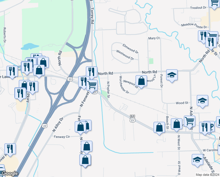 map of restaurants, bars, coffee shops, grocery stores, and more near 1110 North Poplar Street in Fenton