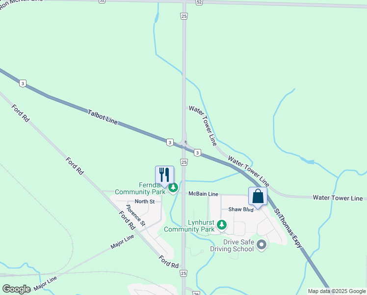 map of restaurants, bars, coffee shops, grocery stores, and more near Talbot Line & Saint Thomas Expressway in Elgin County