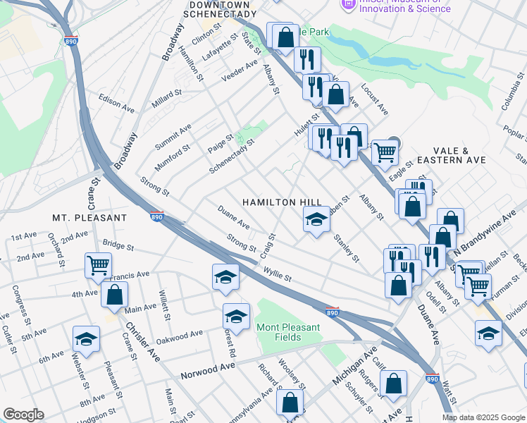 map of restaurants, bars, coffee shops, grocery stores, and more near 832 Lincoln Avenue in Schenectady