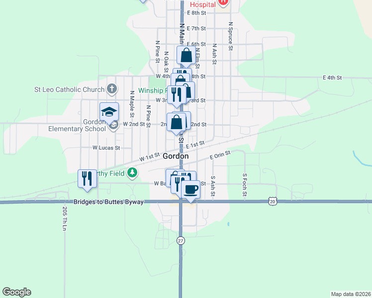 map of restaurants, bars, coffee shops, grocery stores, and more near 26 East Linn Street in Gordon